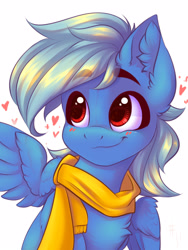 Size: 1200x1600 | Tagged: safe, artist:falafeljake, imported from derpibooru, oc, oc only, oc:malfurim, pegasus, pony, blushing, clothes, ear fluff, heart, scarf, simple background, smiling, solo, white background