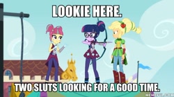 Size: 600x337 | Tagged: safe, edit, edited screencap, imported from derpibooru, screencap, applejack, sci-twi, sour sweet, twilight sparkle, equestria girls, friendship games, applejack is not amused, caption, crying, female, glasses, hatless, image macro, missing accessory, pointing, text, trio, trio female, unamused