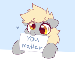 Size: 496x483 | Tagged: safe, artist:mirtash, imported from derpibooru, derpy hooves, pegasus, pony, blue background, cute, derpabetes, female, heart, mare, mouth hold, positive ponies, sign, simple background, smiling, solo, truth