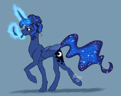 Size: 1072x852 | Tagged: safe, artist:skruxghost, imported from derpibooru, princess luna, alicorn, pony, alternate hairstyle, blue background, colored wings, compact mirror, concave belly, ethereal mane, ethereal tail, female, folded wings, galaxy, galaxy mane, glowing horn, hair bun, horn, levitation, lipstick, magic, makeup, mare, mirror, raised hoof, signature, simple background, slim, solo, sternocleidomastoid, tail, telekinesis, thin, two toned wings, walking, wings