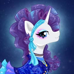 Size: 2048x2048 | Tagged: safe, artist:turtletroutstudios, imported from derpibooru, rarity, pony, unicorn, alternate hairstyle, clothes, female, high res, jewelry, makeup, mare, retro, solo