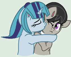 Size: 493x395 | Tagged: safe, artist:jadeharmony, artist:jadethepegasus, imported from derpibooru, octavia melody, sonata dusk, cheek kiss, cute, duo, duo female, female, kiss on the cheek, kissing, lesbian, octavia is not amused, shipping, sonatabetes, sontavia, unamused