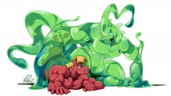 Size: 1887x1061 | Tagged: safe, artist:ponyanony, imported from derpibooru, big macintosh, oc, anthro, changeling, goo, abs, absorption, biceps, changeling oc, changeling slime, great macintosh, male, muscles, muscular male