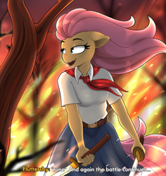 Size: 5200x5500 | Tagged: safe, artist:felixf, imported from derpibooru, fluttershy, anthro, clothes, female, filly, fire, katana, pioneer, sword, uniform, weapon