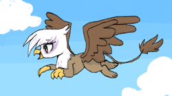 Size: 865x486 | Tagged: safe, artist:choyamy, imported from derpibooru, gilda, griffon, cloud, female, flying, open mouth, sky, smiling, solo, spread wings, wings