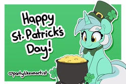 Size: 3544x2362 | Tagged: safe, artist:partylikeanartist, imported from derpibooru, lucky clover, lyra heartstrings, pony, unicorn, bowtie, cauldron, clover, eye clipping through hair, eyebrows, eyebrows visible through hair, four leaf clover, happy st. patrick's day, holiday, leprechaun, leprechaun hat, meme, pot of gold, saint patrick's day, simple background, sitting, sitting lyra, solo, st patricks, text