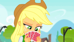 Size: 800x450 | Tagged: safe, artist:ftvs-cm45, imported from derpibooru, screencap, applejack, pinkie pie, equestria girls, rainbow rocks, animated, applejack is not amused, card, game face, idiot, playing card, smugpie, unamused, yugioh in the comments