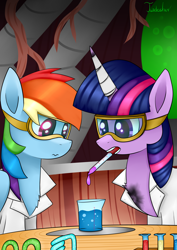Size: 2480x3507 | Tagged: safe, artist:twidasher, imported from derpibooru, rainbow dash, twilight sparkle, pegasus, pony, bandaged horn, burn marks, chemistry, clothes, duo, female, goggles, horn, horn bandage, lab coat, lesbian, mouth hold, pipette, safety goggles, shipping, signature, test tube, twidash
