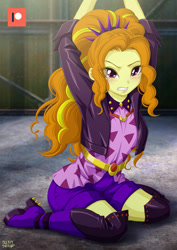 Size: 848x1200 | Tagged: safe, artist:uotapo, imported from derpibooru, adagio dazzle, equestria girls, equestria girls series, spoiler:eqg series (season 2), angry, blushing, bondage, boots, clenched teeth, clothes, female, gritted teeth, high heel boots, jacket, kneeling, patreon, patreon logo, shoes, shorts, solo, teeth, thigh boots, trapped