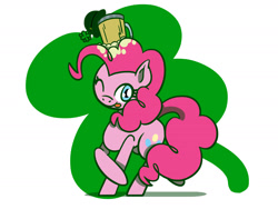 Size: 1800x1350 | Tagged: safe, artist:flutterluv, imported from derpibooru, pinkie pie, earth pony, pony, abstract background, cider, cider mug, clover, four leaf clover, hat, holiday, mug, one eye closed, saint patrick's day, smiling, solo, tongue out, wink