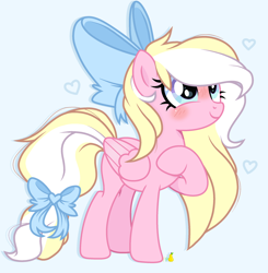 Size: 2328x2376 | Tagged: safe, artist:l_emirona_l, imported from derpibooru, oc, oc only, oc:bay breeze, pegasus, pony, blushing, bow, cute, female, hair bow, looking up, mare, missing cutie mark, ocbetes, simple background, tail bow