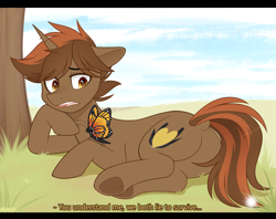 Size: 2835x2245 | Tagged: safe, artist:higgly-chan, imported from derpibooru, oc, oc only, oc:shadowheart, butterfly, pony, unicorn, butt, cloud, cloudy, dandelion, dialogue, dock, grass, high res, male, pet, plot, signature, sky, solo, stallion, tree, underhoof, viceroy butterfly
