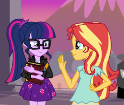 Size: 1024x874 | Tagged: safe, artist:emeraldblast63, imported from derpibooru, sci-twi, sunset shimmer, twilight sparkle, human, equestria girls, bittersweet, book, canterlot high, car, clothes, crying, cute, duo, duo female, ending to equestria girls, female, glasses, goodbye, heartwarming, holding a book, jacket, journal, sad, sad smile, sci-twiabetes, series finale, shimmerbetes, shipping fuel, sunset, sunset's journal, tears of joy, teary eyes, the end of equestria girls, transparent skirt, twiabetes, waving