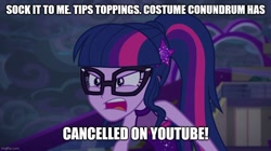Size: 888x499 | Tagged: safe, edit, edited screencap, imported from derpibooru, screencap, sci-twi, twilight sparkle, equestria girls, equestria girls series, spring breakdown, angry, choose your own ending drama, drama, engrish, female, glasses, implied youtube, milady record, narrowed eyes, open mouth, rage, ragelight sparkle, sci-twi is not amused, solo, youtube kids shit
