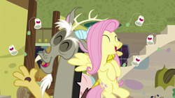 Size: 1280x720 | Tagged: safe, edit, edited screencap, imported from derpibooru, screencap, discord, fluttershy, draconequus, pegasus, pony, discordant harmony, duo, eyes closed, female, flying, laughing, male, open mouth, rotated, teabag, upside down