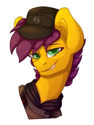 Size: 1500x2000 | Tagged: safe, artist:lazymishel, imported from derpibooru, oc, oc only, oc:yellow jack, bust, clothes, enclave, enclave uniform, portrait, simple background, smiling, smirk, smug, solo, transparent background, uniform