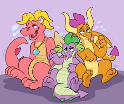 Size: 1200x1014 | Tagged: safe, artist:thedoggygal, imported from derpibooru, smolder, spike, dragon, cassie (dragon tales), cassie (dragontales), commissioner:foxlover91, crossover, dragon tales, dragoness, drunk, drunker smolder, drunker spike, female, male, purple background, simple background, trio, winged spike, wings