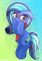 Size: 1668x2400 | Tagged: safe, artist:rivin177, imported from derpibooru, oc, oc only, earth pony, pony, blue eyes, clothes, commission, cute, floppy ears, glasses, hooves on cheeks, ocbetes, scarf, simple background, slayer, solo, standing