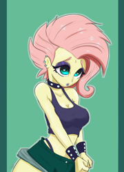 Size: 1049x1461 | Tagged: safe, artist:inky_mitts, artist:inkypuso, imported from derpibooru, fluttershy, equestria girls, equestria girls series, the road less scheduled, the road less scheduled: fluttershy, spoiler:eqg series (season 2), breasts, busty fluttershy, choker, chokershy, cleavage, clothes, female, flutterpunk, metalshy, panties, shorts, solo, spiked choker, tanktop, thong, underwear