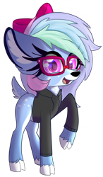Size: 2090x3582 | Tagged: safe, artist:windykirin, imported from derpibooru, oc, oc only, oc:parity bit, deer, bow, clothes, deer oc, female, glasses, hoodie, long eyelashes, simple background, solo, transparent background