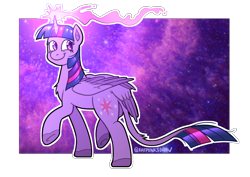 Size: 4092x2893 | Tagged: safe, artist:blueonegone, imported from derpibooru, twilight sparkle, alicorn, pony, abstract background, chest fluff, colored hooves, glowing horn, high res, horn, leonine tail, looking back, magic, smiling, solo, tail feathers, tail fluff, twilight sparkle (alicorn)