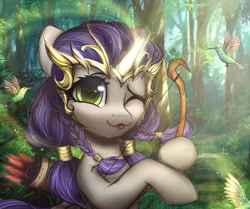 Size: 1280x1071 | Tagged: safe, artist:radioaxi, artist:reterica, imported from derpibooru, oc, oc only, oc:moonsonat, bird, hummingbird, pony, unicorn, arrow, bow (weapon), bow and arrow, braid, cute, forest, glowing horn, heart eyes, horn, jewelry, ocbetes, one eye closed, quiver, scenery, solo, tiara, tongue out, weapon, wingding eyes, wink