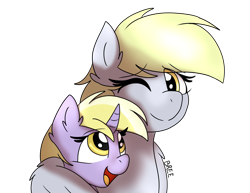 Size: 3300x2550 | Tagged: safe, artist:breebree, imported from derpibooru, derpy hooves, dinky hooves, pegasus, pony, unicorn, equestria's best mother, female, filly, happy, like mother like daughter, like parent like child, mare, mother and child, mother and daughter, simple background, transparent background