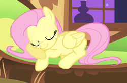 Size: 840x550 | Tagged: safe, imported from derpibooru, screencap, fluttershy, pegasus, pony, season 1, stare master, cropped, cute, daaaaaaaaaaaw, eyes closed, female, fluttershy's cottage, lying down, mare, prone, shyabetes, sleeping, solo