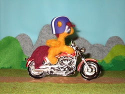 Size: 1024x768 | Tagged: safe, alternate version, artist:malte279, imported from derpibooru, part of a set, scootaloo, pegasus, craft, felting, female, harley davidson, helmet, irl, metal foil, motorcycle, needle felted, photo, plushie, relief, sculpture, wings