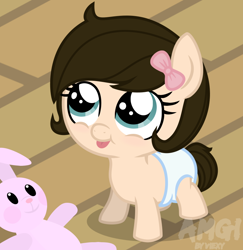 Size: 876x900 | Tagged: safe, artist:amgiwolf, imported from derpibooru, oc, oc only, oc:huny, earth pony, pony, rabbit, animal, base used, bow, diaper, earth pony oc, eyelashes, female, filly, hair bow, indoors, plushie, solo