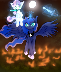 Size: 1589x1872 | Tagged: safe, artist:moonlightrift, imported from derpibooru, princess luna, sweetie belle, alicorn, unicorn, >:3, fire, levitation, magic, mouth hold, sword, telekinesis, weapon