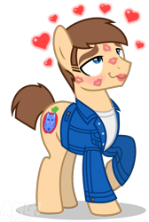 Size: 709x1056 | Tagged: safe, artist:amgiwolf, imported from derpibooru, oc, oc only, oc:applewolf, earth pony, pony, clothes, earth pony oc, eyes rolling back, fetish, heart, jacket, kiss mark, lipstick, lipstick fetish, male, raised hoof, simple background, solo, stallion, transparent background