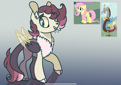 Size: 2388x1668 | Tagged: safe, artist:caramelbolt24, imported from derpibooru, discord, fluttershy, oc, oc:rosie comb, draconequus, hybrid, pegasus, pony, chest fluff, draconequus oc, ear fluff, eyes closed, female, gradient background, grin, interspecies offspring, male, mare, offspring, parent:discord, parent:fluttershy, parents:discoshy, screencap reference, signature, smiling, wings