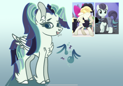 Size: 2388x1668 | Tagged: safe, artist:caramelbolt24, edit, imported from derpibooru, screencap, coloratura, songbird serenade, oc, oc:serenity wing, earth pony, pegasus, pony, my little pony: the movie, the mane attraction, bow, chest fluff, clothes, dress, ear fluff, eyelashes, eyes closed, hair bow, hair over eyes, magical lesbian spawn, offspring, parent:coloratura, parent:songbird serenade, pegasus oc, raised hoof, screencap reference, signature, wings