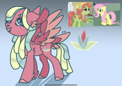 Size: 2388x1668 | Tagged: safe, artist:caramelbolt24, edit, imported from derpibooru, screencap, fluttershy, tree hugger, oc, oc:waterlily, earth pony, pegasus, pony, abstract background, clothes, colored hooves, ear fluff, eyes closed, female, headscarf, magical lesbian spawn, mare, offspring, parent:fluttershy, parent:tree hugger, parents:flutterhugger, scarf, screencap reference, signature, wings