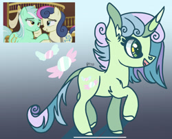 Size: 2055x1668 | Tagged: safe, artist:caramelbolt24, edit, imported from derpibooru, screencap, bon bon, lyra heartstrings, sweetie drops, oc, oc:minty delight, earth pony, pony, unicorn, slice of life (episode), abstract background, ear fluff, eyes closed, female, horn, leonine tail, lesbian, lyrabon, magical lesbian spawn, offspring, open mouth, parent:bon bon, parent:lyra heartstrings, parents:lyrabon, raised hoof, screencap reference, shipping, signature, smiling, unicorn oc