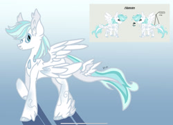 Size: 2322x1668 | Tagged: safe, artist:caramelbolt24, imported from derpibooru, oc, oc only, pegasus, pony, ear fluff, eyes closed, feathered fetlocks, gradient background, leonine tail, pegasus oc, raised hoof, reference sheet, signature, wings