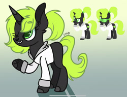 Size: 2181x1668 | Tagged: safe, artist:caramelbolt24, imported from derpibooru, oc, oc only, pony, unicorn, abstract background, clothes, ear fluff, eyelashes, eyes closed, freckles, grin, horn, lab coat, one eye closed, raised hoof, reference sheet, signature, smiling, sunglasses, unicorn oc, wink