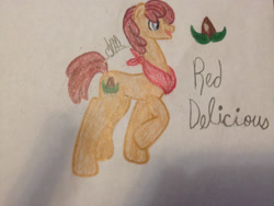 Size: 2048x1536 | Tagged: safe, artist:akajulester, imported from derpibooru, oc, oc only, oc:red delicious, earth pony, pony, colored pencil drawing, colt, cutie mark, handkerchief, male, offspring, parent:applejack, parent:caramel, parents:carajack, seed, solo, traditional art