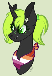 Size: 1110x1628 | Tagged: safe, artist:caramelbolt24, imported from derpibooru, oc, oc only, pony, unicorn, bow, bust, commission, deviantart green, ear fluff, eyelashes, freckles, green background, grin, hair bow, horn, lesbian pride flag, neckerchief, pride, pride flag, signature, simple background, smiling, solo, unicorn oc, ych result