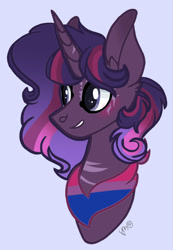 Size: 1124x1628 | Tagged: safe, artist:caramelbolt24, imported from derpibooru, oc, oc only, oc:midnight star, pony, unicorn, bisexual pride flag, bust, commission, ear fluff, eyelashes, gray background, grin, horn, magical parthenogenic spawn, neckerchief, offspring, parent:tempest shadow, pride, pride flag, signature, simple background, smiling, solo, unicorn oc, ych result