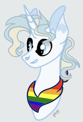 Size: 1115x1639 | Tagged: safe, artist:caramelbolt24, imported from derpibooru, oc, oc only, oc:silver moon, pony, unicorn, bust, commission, ear fluff, gay pride flag, gray background, grin, horn, neckerchief, offspring, parent:prince blueblood, parent:trixie, parents:bluetrix, pride, pride flag, signature, simple background, smiling, solo, unicorn oc, ych result
