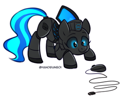 Size: 1500x1210 | Tagged: safe, artist:handgunboi, imported from derpibooru, oc, oc only, oc:gigi, pony, robot, robot pony, behaving like a cat, black sclera, computer mouse, dell, female, imminent pounce, mare, simple background, solo