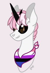 Size: 1123x1628 | Tagged: safe, artist:caramelbolt24, imported from derpibooru, oc, oc only, bicorn, pony, bisexual pride flag, black sclera, bust, commission, ear fluff, grin, horn, horns, multiple horns, neckerchief, pride, pride flag, signature, simple background, smiling, solo, ych result