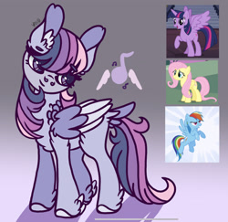 Size: 1714x1668 | Tagged: safe, artist:caramelbolt24, edit, imported from derpibooru, screencap, fluttershy, rainbow dash, twilight sparkle, oc, oc:birdsong poem, alicorn, pegasus, pony, chest fluff, eyelashes, feathered fetlocks, female, gradient background, horn, looking back, magical lesbian spawn, magical threesome spawn, mare, multiple parents, offspring, parent:fluttershy, parent:rainbow dash, parent:twilight sparkle, pegasus oc, raised hoof, screencap reference, smiling, twilight sparkle (alicorn), two toned wings, wings