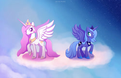 Size: 1280x820 | Tagged: safe, artist:nnaly, imported from derpibooru, princess celestia, princess luna, alicorn, pony, cloud, duo, female, pink-mane celestia, royal sisters, s1 luna, siblings, signature, sisters, spread wings, wings, younger