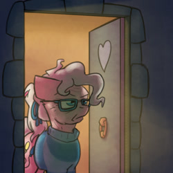 Size: 800x800 | Tagged: safe, artist:captainhoers, imported from derpibooru, pinkie pie, earth pony, the sunjackers, angry, clothes, cyberpunk, elderly, female, mare, older, older pinkie pie, pinkie pie is not amused, sad, sweater, unamused