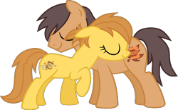 Size: 1015x625 | Tagged: safe, artist:pegasski, artist:shiibases, artist:twiily-bases, imported from derpibooru, oc, oc only, oc:anna autumn, earth pony, pony, base used, duo, earth pony oc, eyelashes, eyes closed, father and child, father and daughter, female, like father like daughter, like parent like child, male, mare, raised hoof, simple background, smiling, stallion, transparent background
