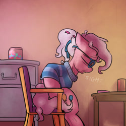 Size: 800x800 | Tagged: safe, artist:captainhoers, imported from derpibooru, pinkie pie, earth pony, pony, the sunjackers, cyberpunk, elderly, female, mare, older, older pinkie pie, sad, sitting, solo