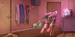 Size: 1280x640 | Tagged: safe, artist:captainhoers, imported from derpibooru, pinkie pie, oc, oc:candy chip, cyborg, earth pony, unicorn, the sunjackers, cyberpunk, female, glasses, grandmother and grandchild, grandparents and grandchildren, hug, mare, older, older pinkie pie, sad